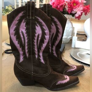 Women’s Girls Teen Faux Suede Western Cowgirl Cowboy Pointed Toe Heel Boots